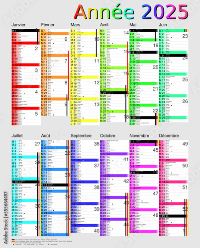 Calendrier 2025, calques, vacances scolaires, Saints, 12 mois