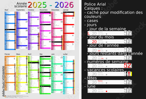 Calendrier scolaire 2025-2026, calques, vacances scolaires, Saints, 12 mois