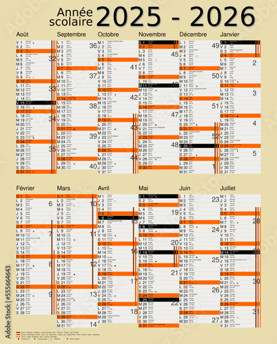 Calendrier scolaire 2025-2026, calques, vacances scolaires, Saints, 12 mois