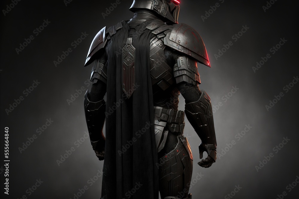 A warrior stands with his back in a cloak. Scifi man in