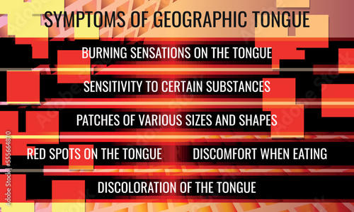 symptoms of Geographic tongue. Vector illustration for medical journal or brochure.
