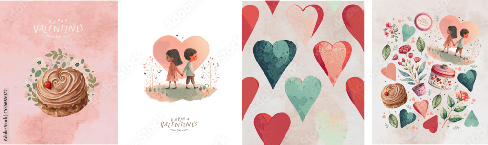 Happy Valentine's Day! Vector cute watercolor illustrations of boy and girl in love, cake and pattern with heart for greeting card, poster or background - obrazy, fototapety, plakaty 