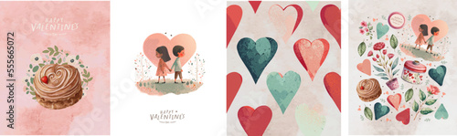 Happy Valentine's Day! Vector cute watercolor illustrations of boy and girl in love, cake and pattern with heart for greeting card, poster or background