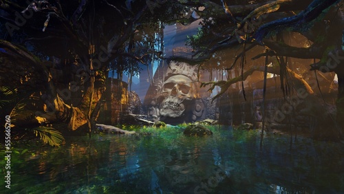 Fototapeta Naklejka Na Ścianę i Meble -  Sculptural mask of god in tropical jungle