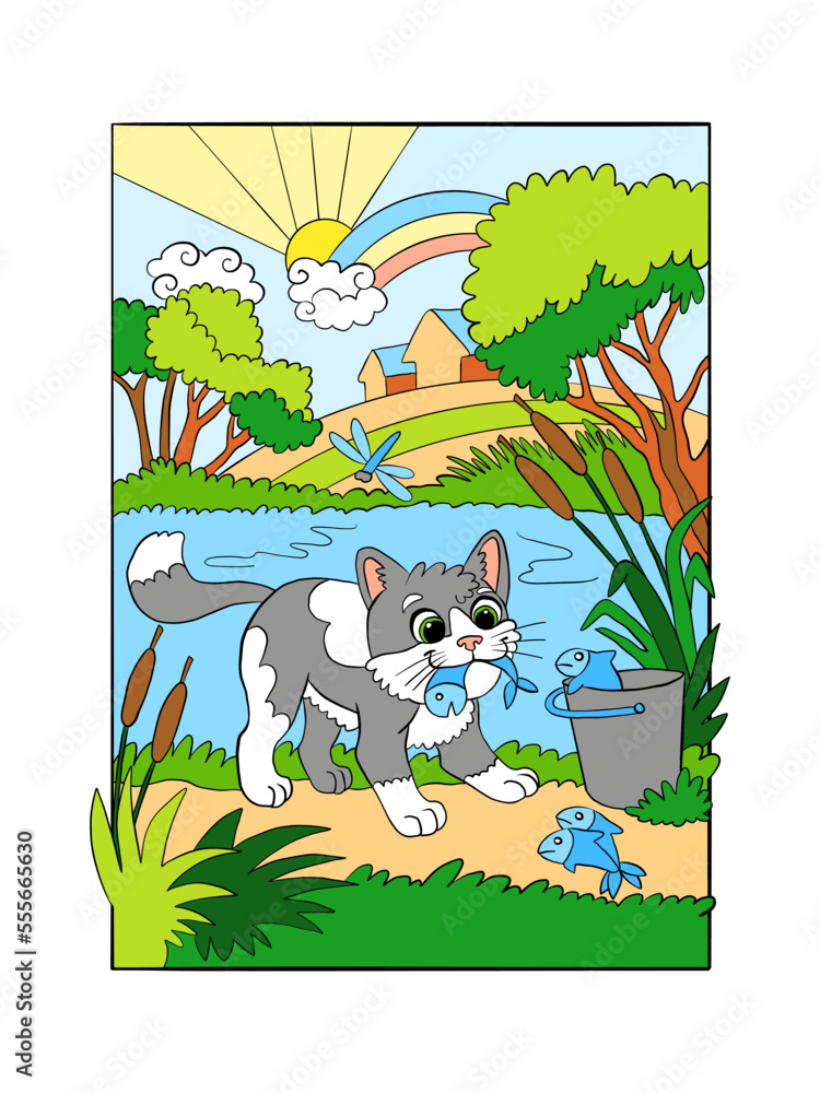 Obraz premium Cute kitten fishing at the river vector cartoon illustration