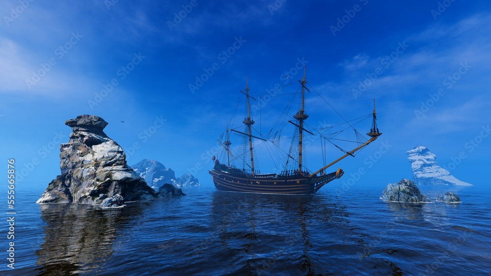 Obraz premium Ancient sailing ship among stone reefs