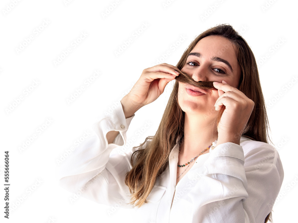 Young beautiful woman with a mustache from their hair Young beautiful woman with a mustache from their hair