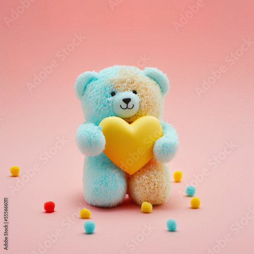 A cute little bear carrying a big heart as a symbol of love. Pastel, creative, animal concept. Valentine's Day pet toy gift, a small Teddy bear. Illustration. Generative AI. © Uncanny Valley