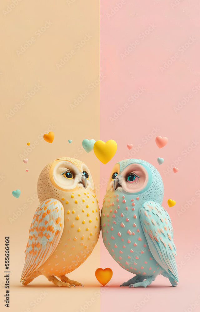 A cute, little two baby owls, symbol of love. Pastel, creative, animal concept. Valentine's Day, a small owl couple in a pet relationship. Illustration. Generative AI.