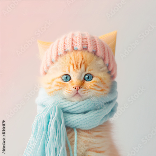 A cute  little  baby kitten in warm winter clothes  symbol of love. Pastel  cat  animal concept. Valentine s Day  love  cute fairy tale creature. Illustration. Generative AI.
