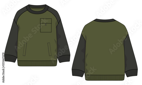 Long sleeve sweatshirt with pocket technical fashion flat sketch vector illustration template front and back views