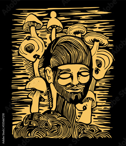 This is an illustration of an old man with a mushroom on his head. lino print illustration of magic mushrooms. image vector