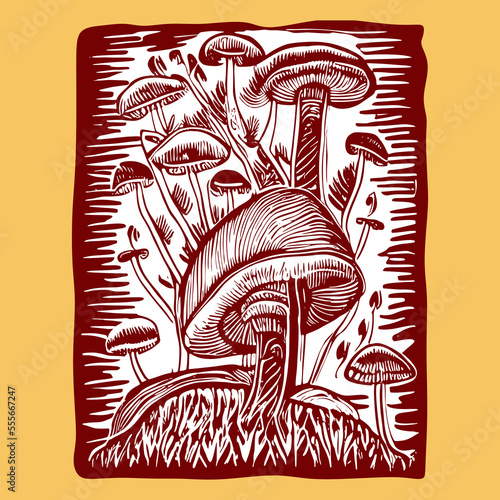 Vector space the mushrooms. magic mushrooms illustration in lino print style. classic symbol