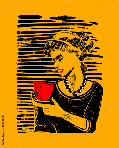 Beautiful high class woman having coffee in the style of lino print