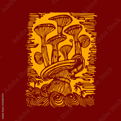 Beautiful fantasy mushrooms. Vector space the mushrooms. magic mushrooms illustration in lino print style. classic symbol