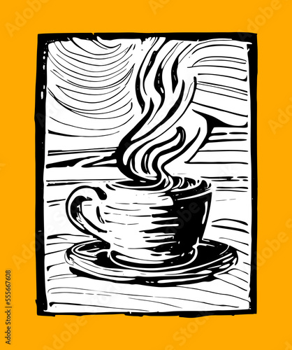 coffee cup with smoke in lino print style. lino cut print poster