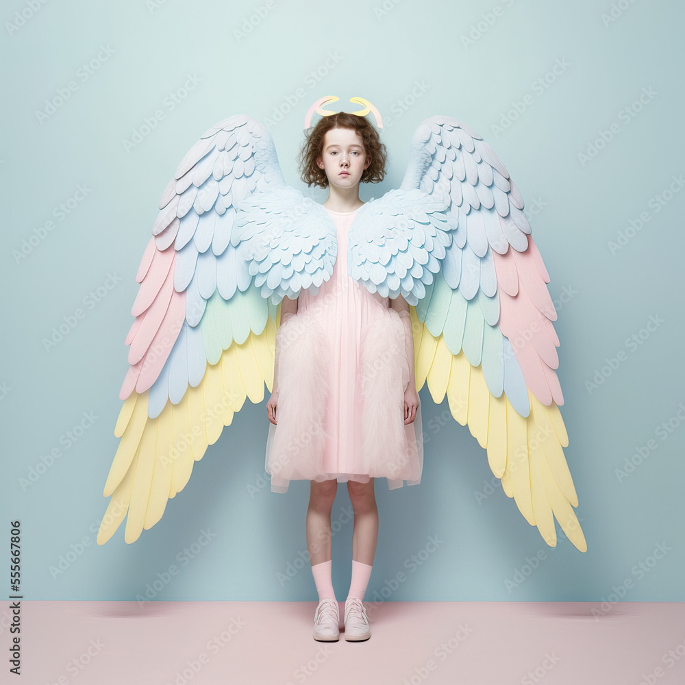 An elegant, fashion, abstract portrait of a young girl who has wings and symbolizes an angel and goodness. Pastel colored modern costume. Soft background. Illustration. Generative AI. An elegant, fashion, abstract portrait of a young girl who has wings and symbolizes an angel and goodness. Pastel colored modern costume. Soft background. Illustration. Generative AI.