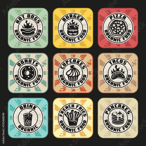 Modern sticker set with snacks, fast food and baked goods