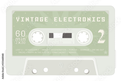 Vintage analog tape cassette stylization. Realistic vector illustration on isolated white background.