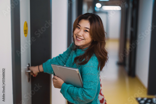 Female student in a student accommodation building 