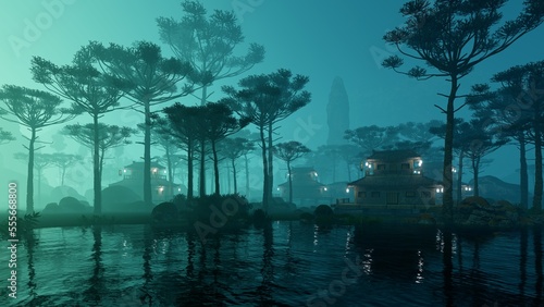 Foggy forest with Asian buildings