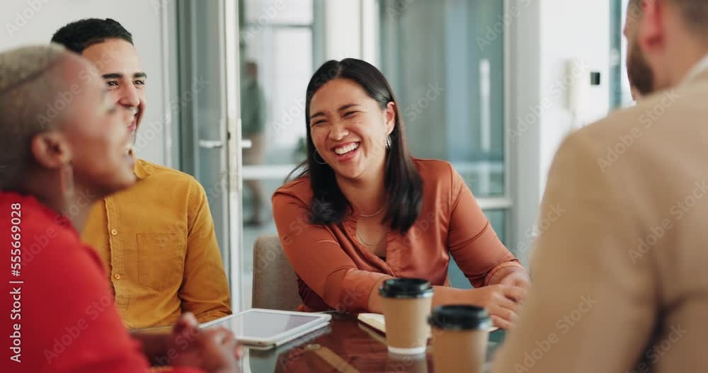 Meeting, office and business people laughing, talking and having casual conversation. Comic, documents and woman telling funny joke, meme or story to employees, group or friends in company boardroom.