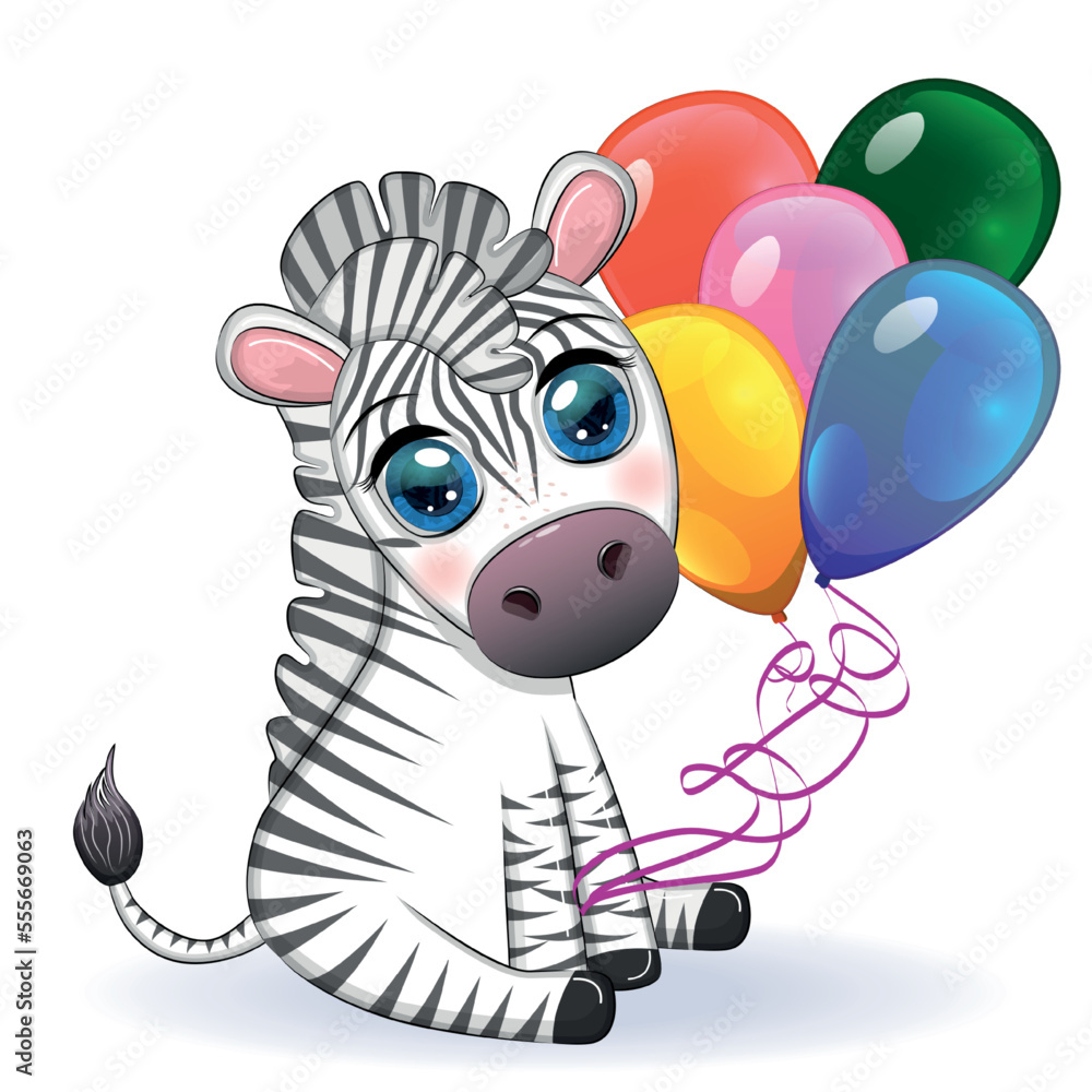 Cute cartoon zebra is sitting and holding balloons. Children's striped character, holiday
