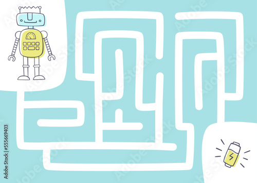 Mini labyrinth game with cute robot for children. Vector maze with cartoon friendly robot for kids.