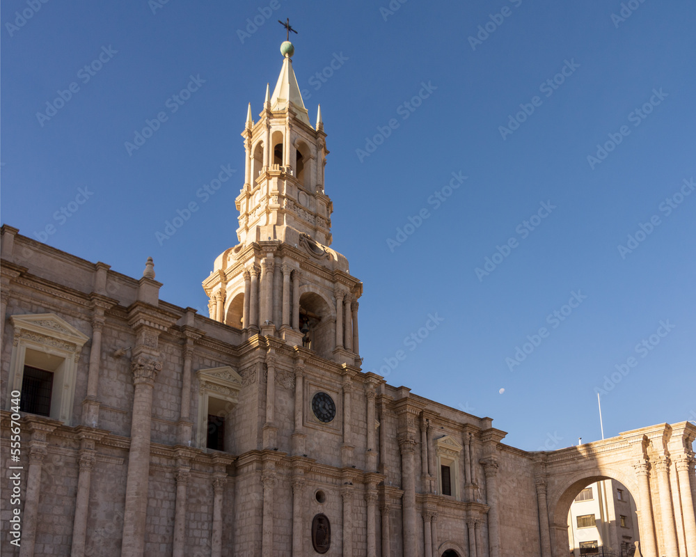 The Basilica Cathedral of Arequipa as seen from Plaza de Armas in the city of Arequipa, Peru.