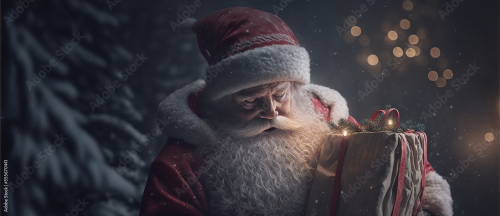Fototapeta premium Portrait of thoughtful Santa Clause in traditional red costume holding a present in the woods. Generative AI. High quality illustration
