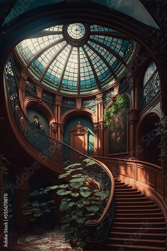 Interior of the villa. Staircase with skylight windows at the top. Fantasy room. Generative ai. 