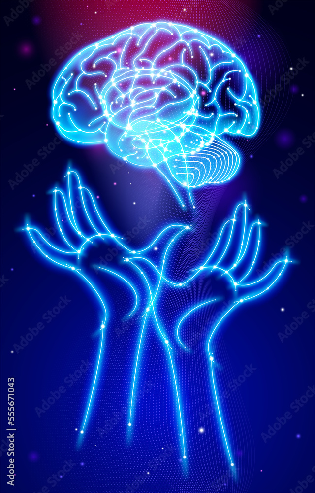 Illustration of a human brain and two human hands in a white glowing curved striped cross-section style with connected glowing white dots on a space background. Medical, scientific and commercial use.