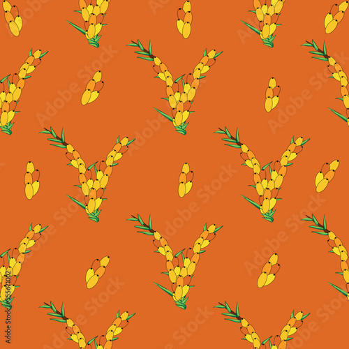 Sea buckthorn seamless pattern. Twigs with berries and leaves. Template with orange fresh berries for wallpaper