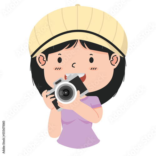 Kid girl holding camera cartoon