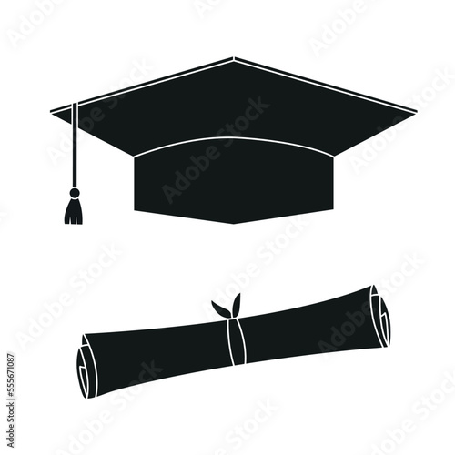 Black graduation hat and education diploma scroll. Graduation celebration cap pictogram for web and applications. Vector icon isolated on white background.