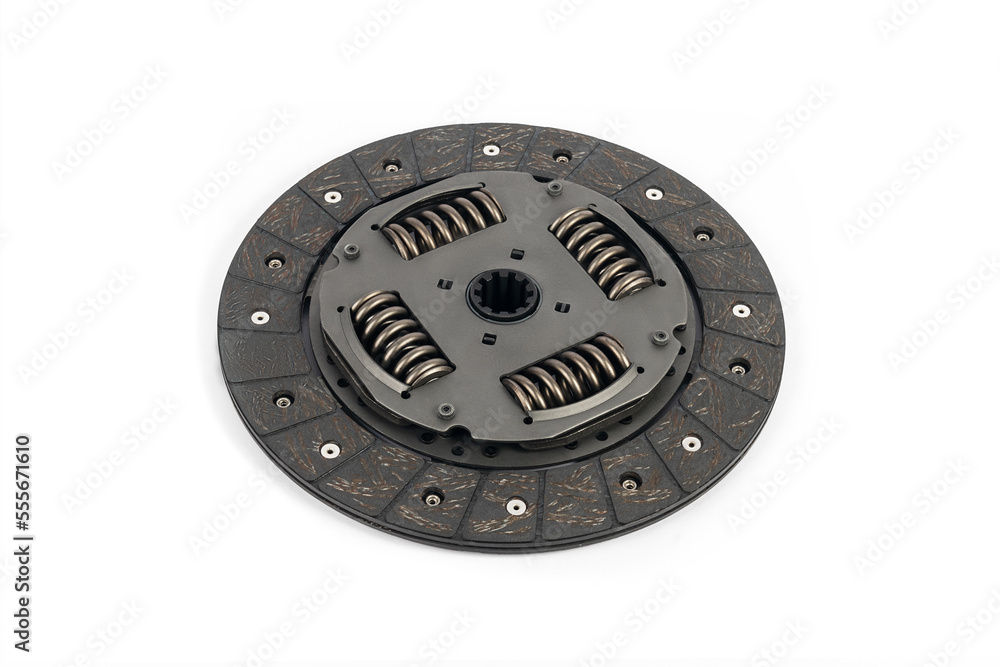 New clutch disc isolated on white background. Auto parts. Spare parts for car.