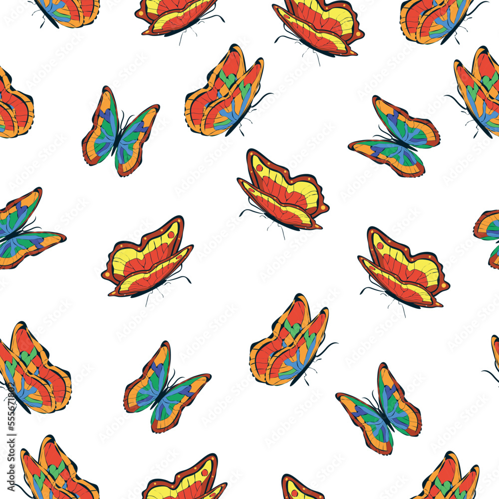 Obraz premium Bright multicolored butterflies seamless pattern. Wallpaper, background, children party, craft paper