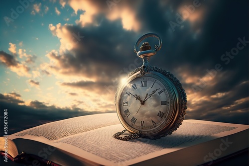 Old pocket watch on bible book. Passing of time concept. Clouds and sky. Fantasy scene. Generative ai. 