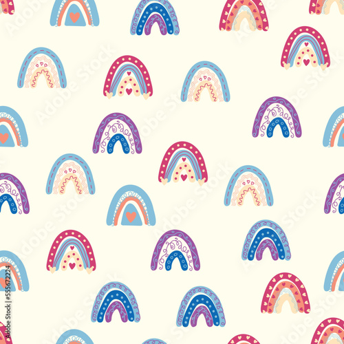 Rainbow seamless pattern in pastel colors. Scandinavian baby hand drawn illustration for textiles and newborn clothes.