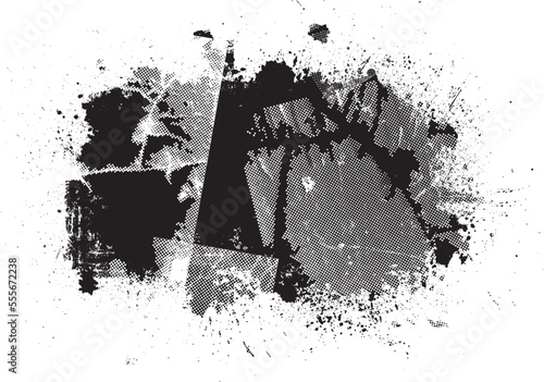 Glitch distorted grunge layer  . Noise destroyed texture . Trendy defect error shapes . Overlay grunge texture . Distressed effect .Vector shapes with a halftone dots screen print texture.
