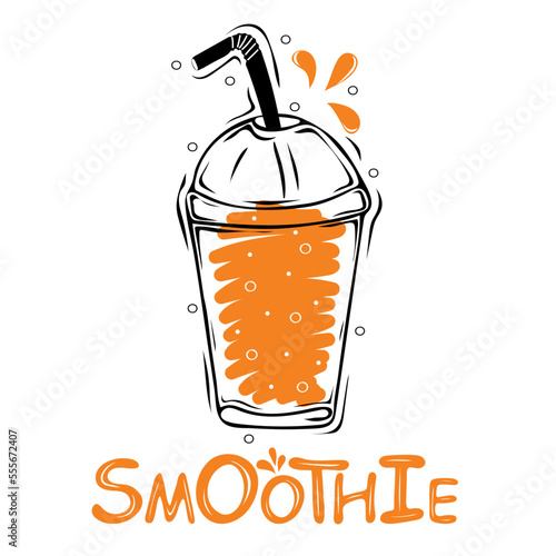Plastic cup with smoothie. Summer drink. Healthy food poster. Hand drawn vector elements of smoothies, lemonade, fresh, juice, detox and fruits in sketch style
