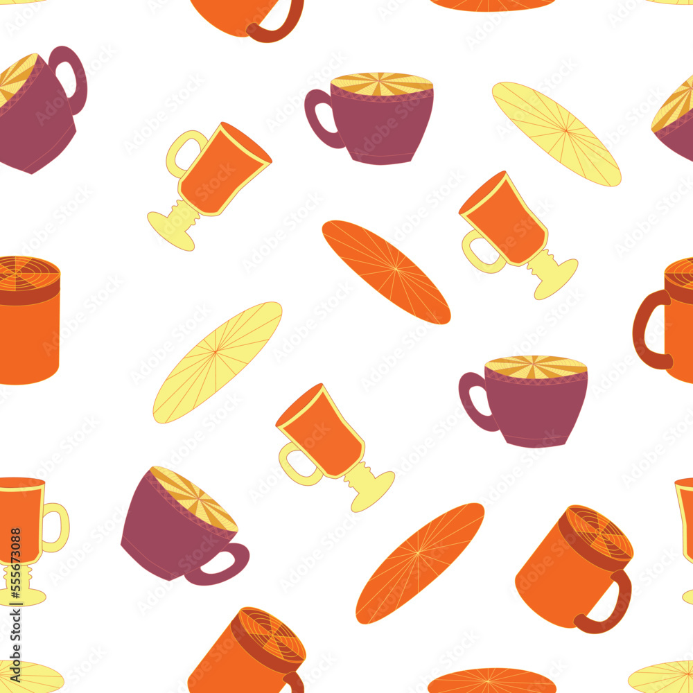 Cups and saucers bright seamless pattern. Tea, tea shop, coffee. Wallpaper, wrapping paper Cups and saucers bright seamless pattern. Tea, tea shop, coffee. Wallpaper, wrapping paper