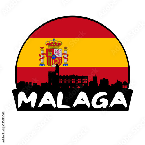 Malaga Spain Flag Skyline Silhouette Retro Vintage Sunset Malaga Lover Travel Souvenir Sticker Vector Illustration SVG EPS