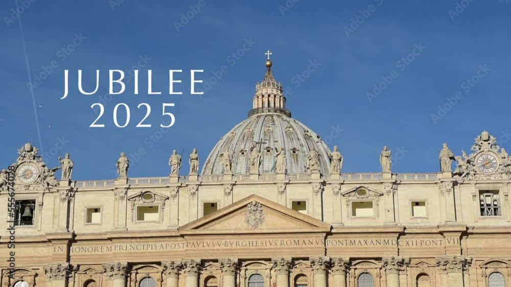 Vatican Jubilee year 2025 opener title on St Peter's basilica dome Vatican Jubilee year 2025 opener title on St Peter's basilica dome