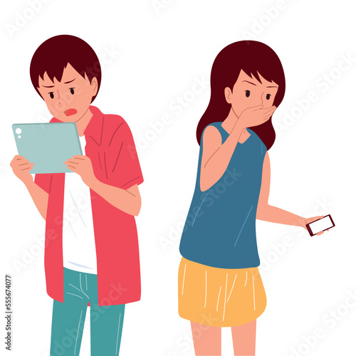The guy and the girl are looking at the screen of the tablet. Emotions. Vector.