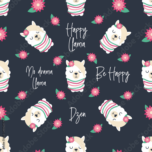 Seamless pattern with llama, alpaca faces. Cute drawings of llama head with hearts, inscription, mountains, cacti, star, dreamcatcher