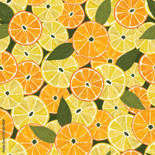 Seamless pattern with bright orange, lemon slices, green leaves. Colorful summer background for textile design, greeting cards and wallpapers. Hand draw vector illustration