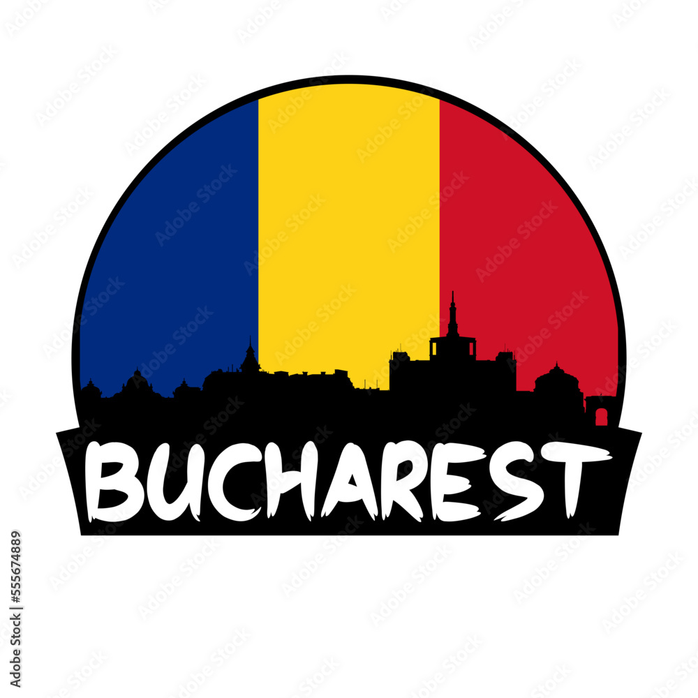 Bucharest Romania Flag Skyline Silhouette Retro Vintage Sunset Bucharest Lover Travel Souvenir Sticker Vector Illustration SVG EPS