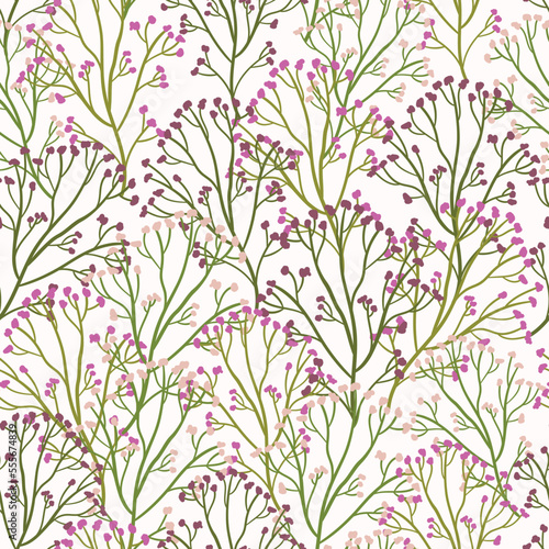 Simple floral seamless pattern with dried flowers. Pink colors Achillea or common yarrow plant on white background. Floral texture for textile, wall design. Hand draw vector illustration