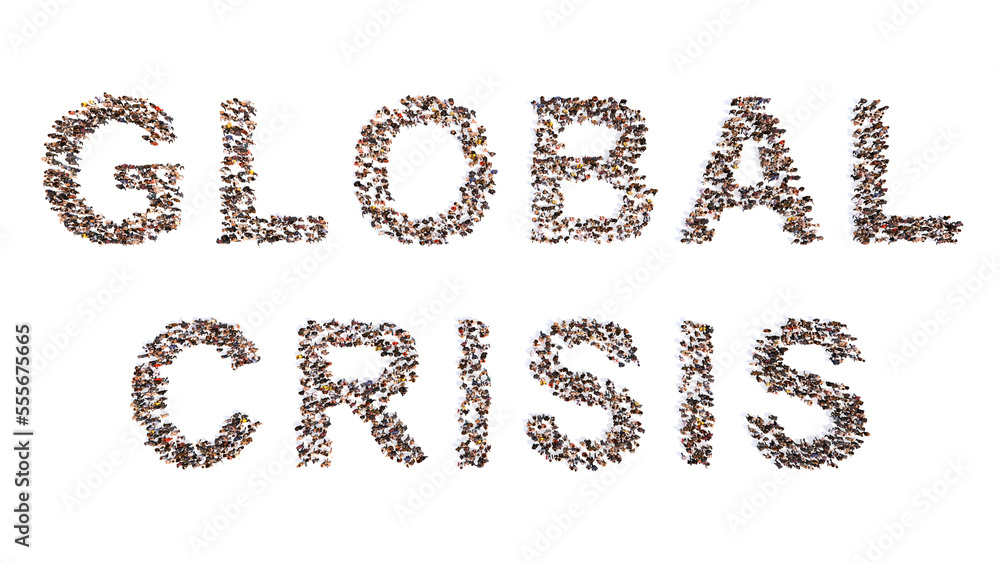 Conceptual large community of people forming the GLOBAL CRISIS message. 3d illustration metaphor for economic and financial crisis, inflation, energy and food shortage, recession, war and drought Conceptual large community of people forming the GLOBAL CRISIS message. 3d illustration metaphor for economic and financial crisis, inflation, energy and food shortage, recession, war and drought
